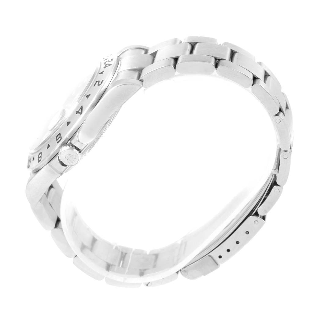 The image shows a side view of the Rolex Explorer 16570 Men's Stainless Steel Black Dial 16570 Men's Stainless Steel Black Dial watch, highlighting the case, crown, and bracelet.