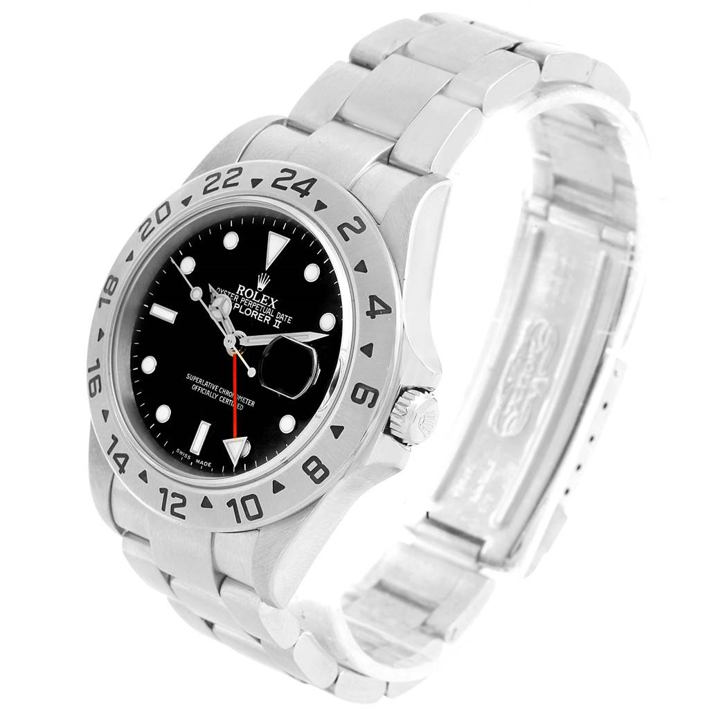 The Rolex Explorer 16570 Men's Stainless Steel Black Dial 16570 Men's Stainless Steel Black Dial model watch is shown at a three-quarter angle, displaying the face, bezel, crown, and part of the bracelet.
