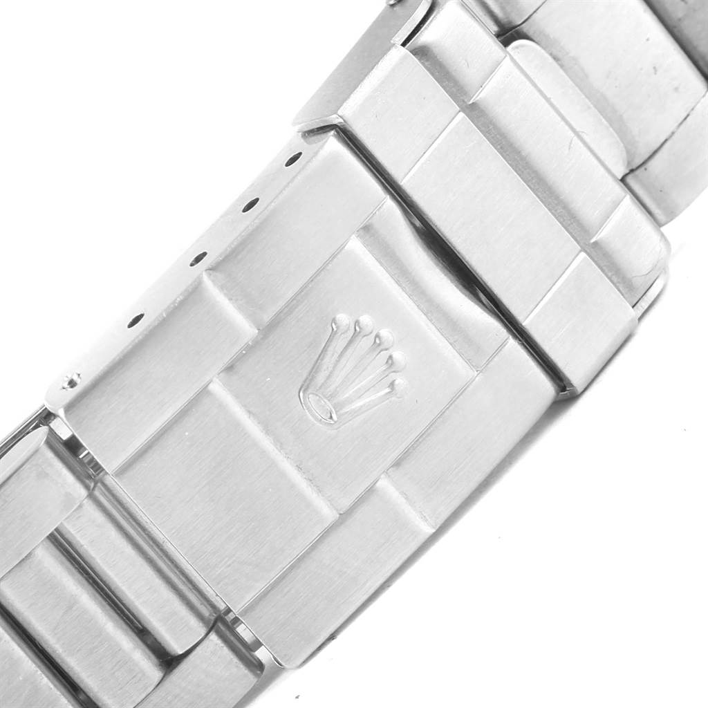 This image shows a close-up of the Rolex Explorer 16570 Men's Stainless Steel Black Dial 16570 Men's Stainless Steel Black Dial watch bracelet clasp.