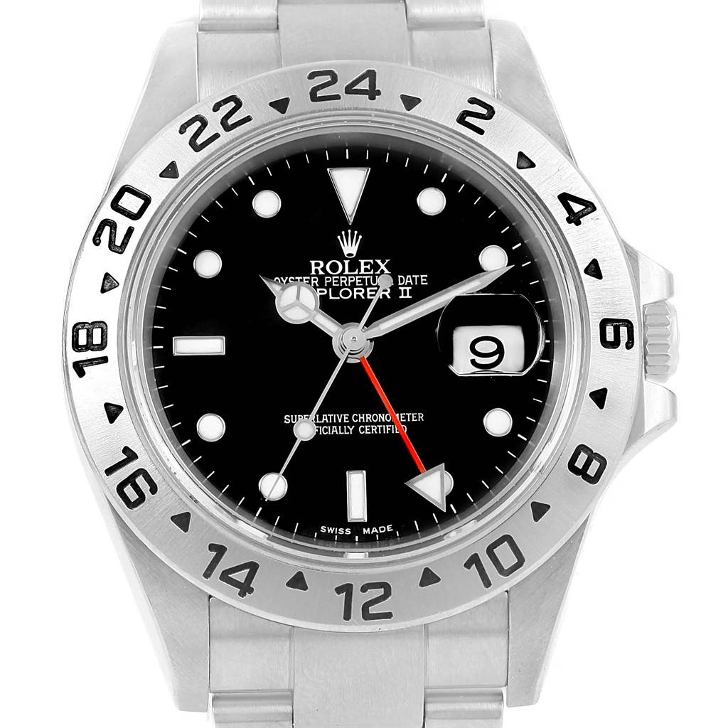 This image shows a front view of a Rolex Explorer 16570 Men's Stainless Steel Black Dial 16570 Men's Stainless Steel Black Dial watch, displaying the dial, bezel, and part of the bracelet.