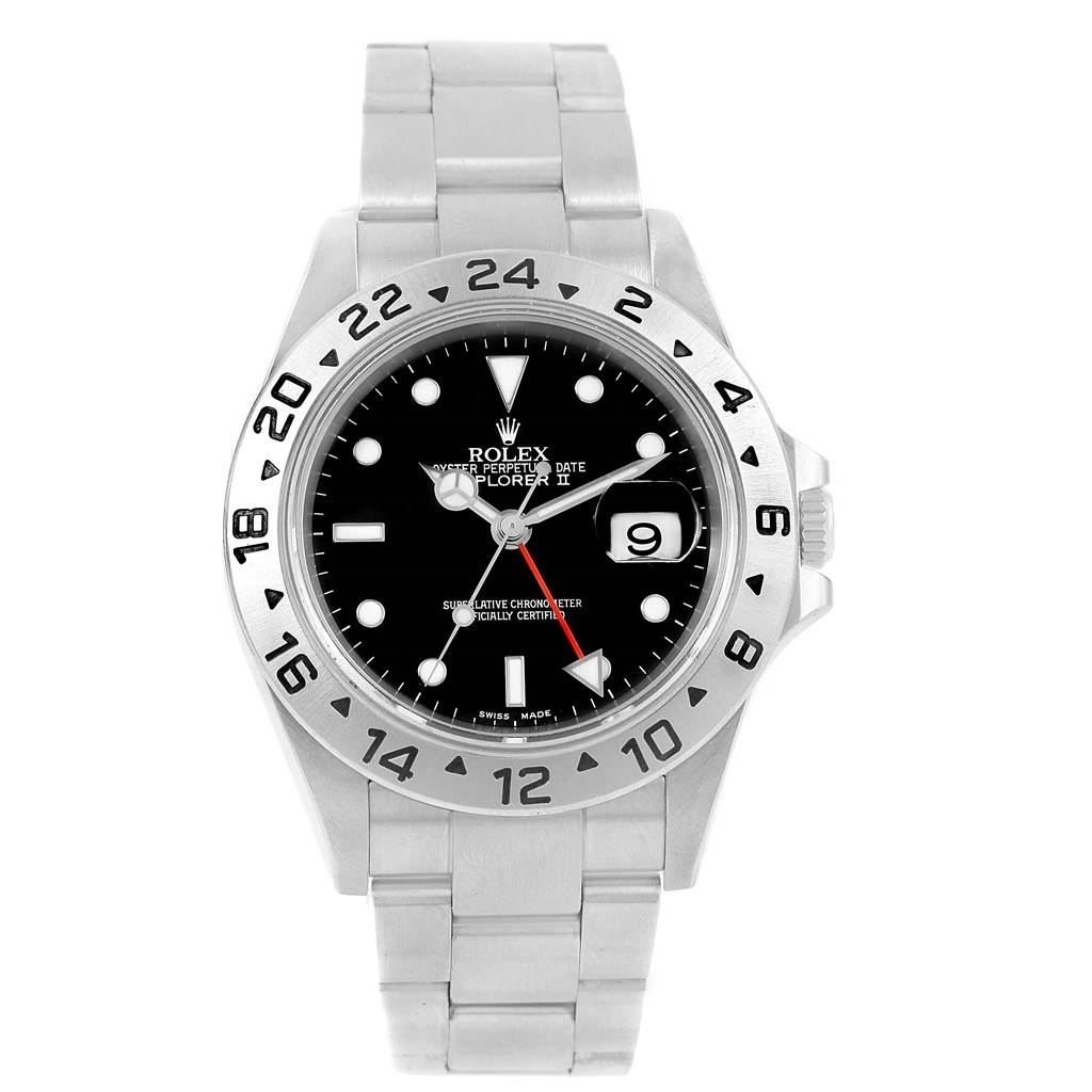 The image shows a front view of a Rolex Explorer 16570 Men's Stainless Steel Black Dial 16570 Men's Stainless Steel Black Dial watch, featuring its dial, bezel, and bracelet.