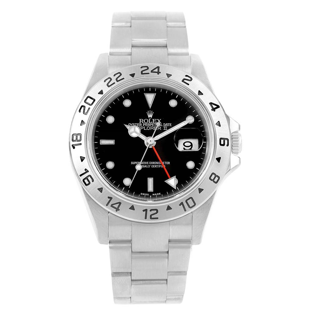 This image shows a front view of a Rolex Explorer 16570 Men's Stainless Steel Black Dial 16570 Men's Stainless Steel Black Dial watch, displaying its bezel, dial, hands, date window, and bracelet.