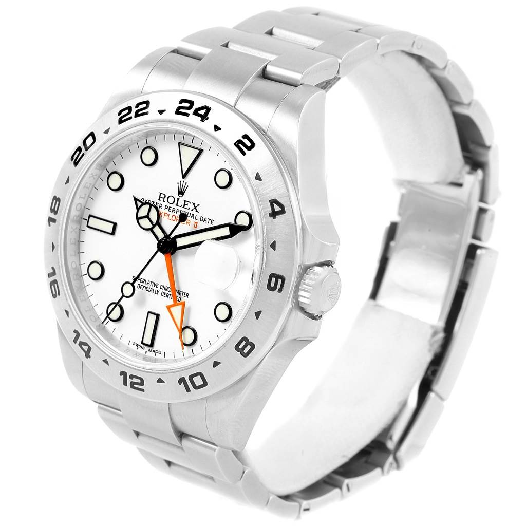 The image shows a side-angle view of a Rolex Explorer 216570 Men's Stainless Steel White Dial 216570 Men's Stainless Steel White Dial watch, highlighting its white dial, bezel, and metal bracelet.