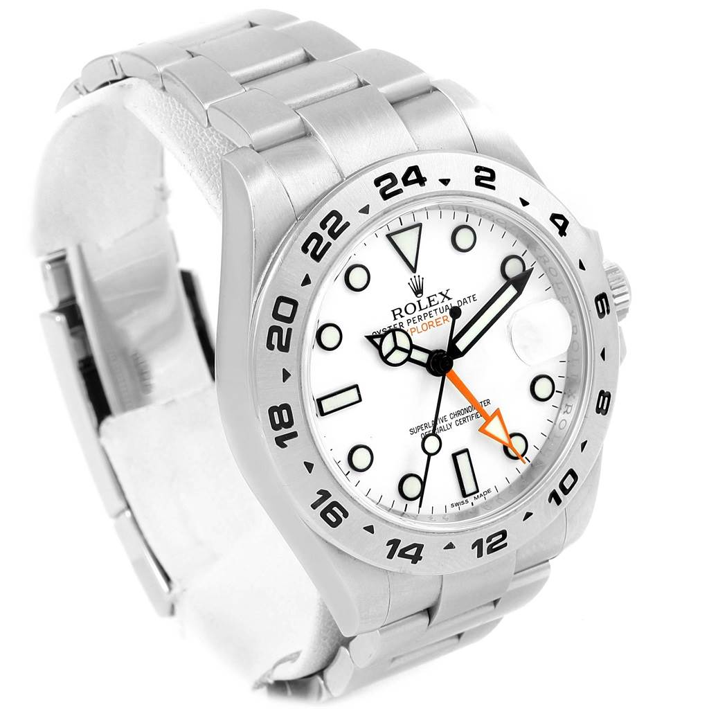 The angled view of the Rolex Explorer 216570 Men's Stainless Steel White Dial 216570 Men's Stainless Steel White Dial watch shows the watch face, bezel, and stainless steel bracelet.