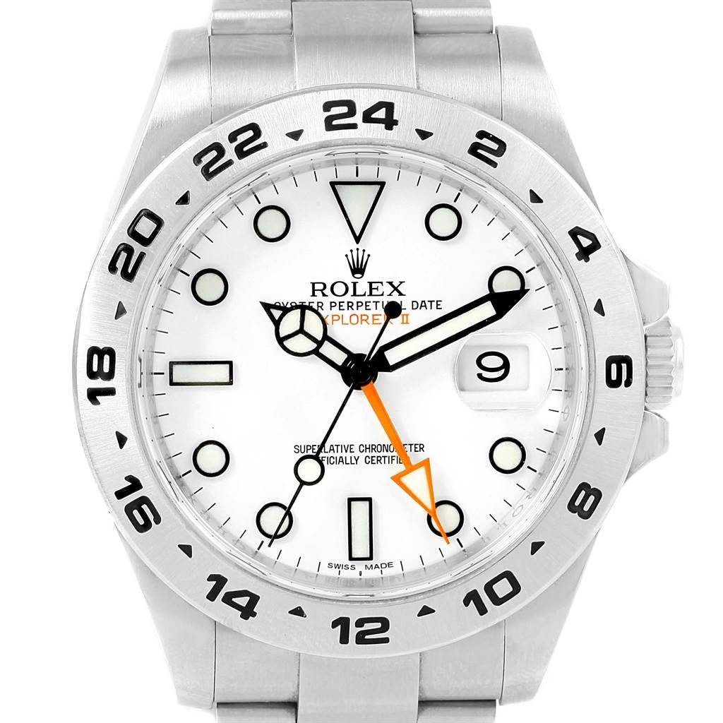 This image shows the front view of a Rolex Explorer 216570 Men's Stainless Steel White Dial 216570 Men's Stainless Steel White Dial watch, detailing the face, bezel, and part of the bracelet.