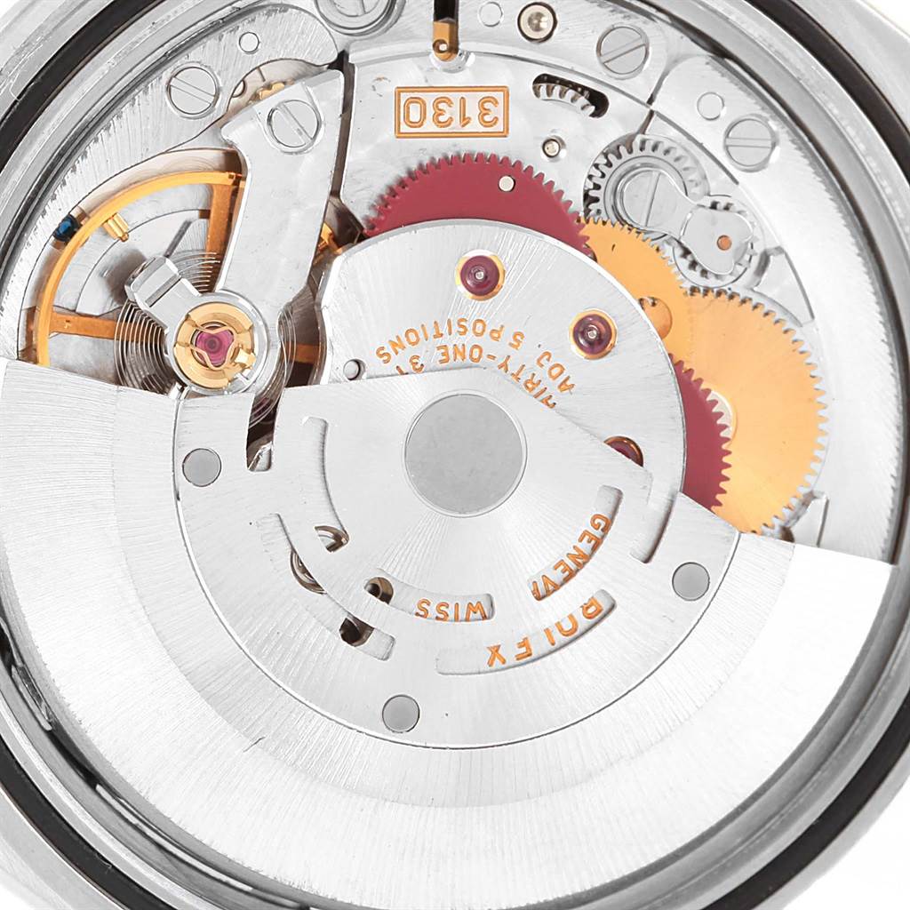 This image shows the inner mechanical movement of a Rolex Explorer 114270 Men's Stainless Steel Black Dial 114270 Men's Stainless Steel Black Dial watch from a top-down angle.