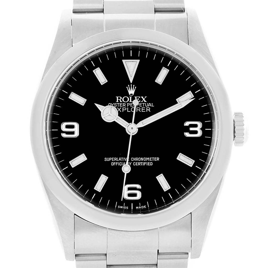 The image shows a front view of the Rolex Explorer 114270 Men's Stainless Steel Black Dial 114270 Men's Stainless Steel Black Dial model, displaying the face, dial, and part of the bracelet.