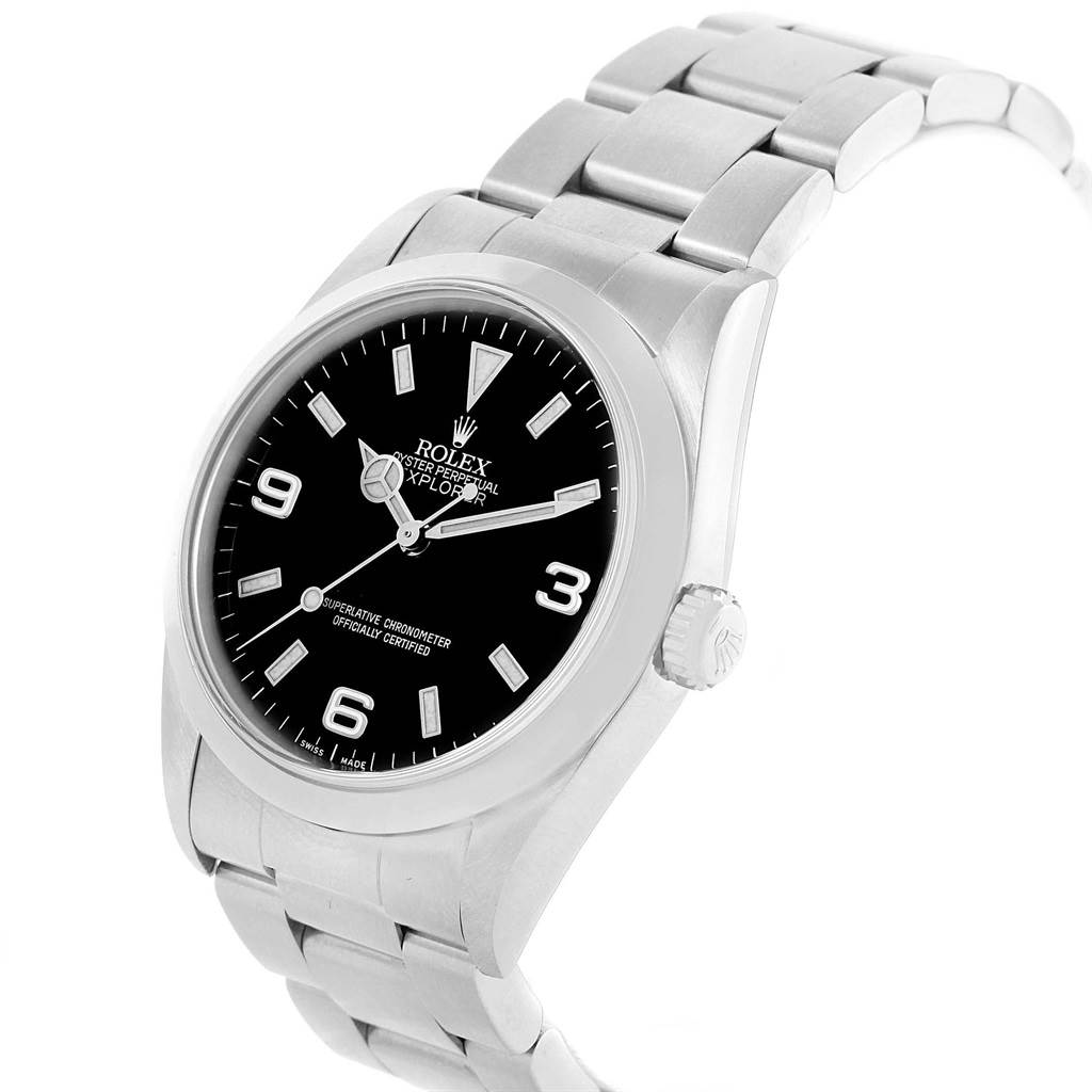 The image shows a Rolex Explorer 114270 Men's Stainless Steel Black Dial 114270 Men's Stainless Steel Black Dial watch at a slight angle, highlighting the dial, case, and bracelet.