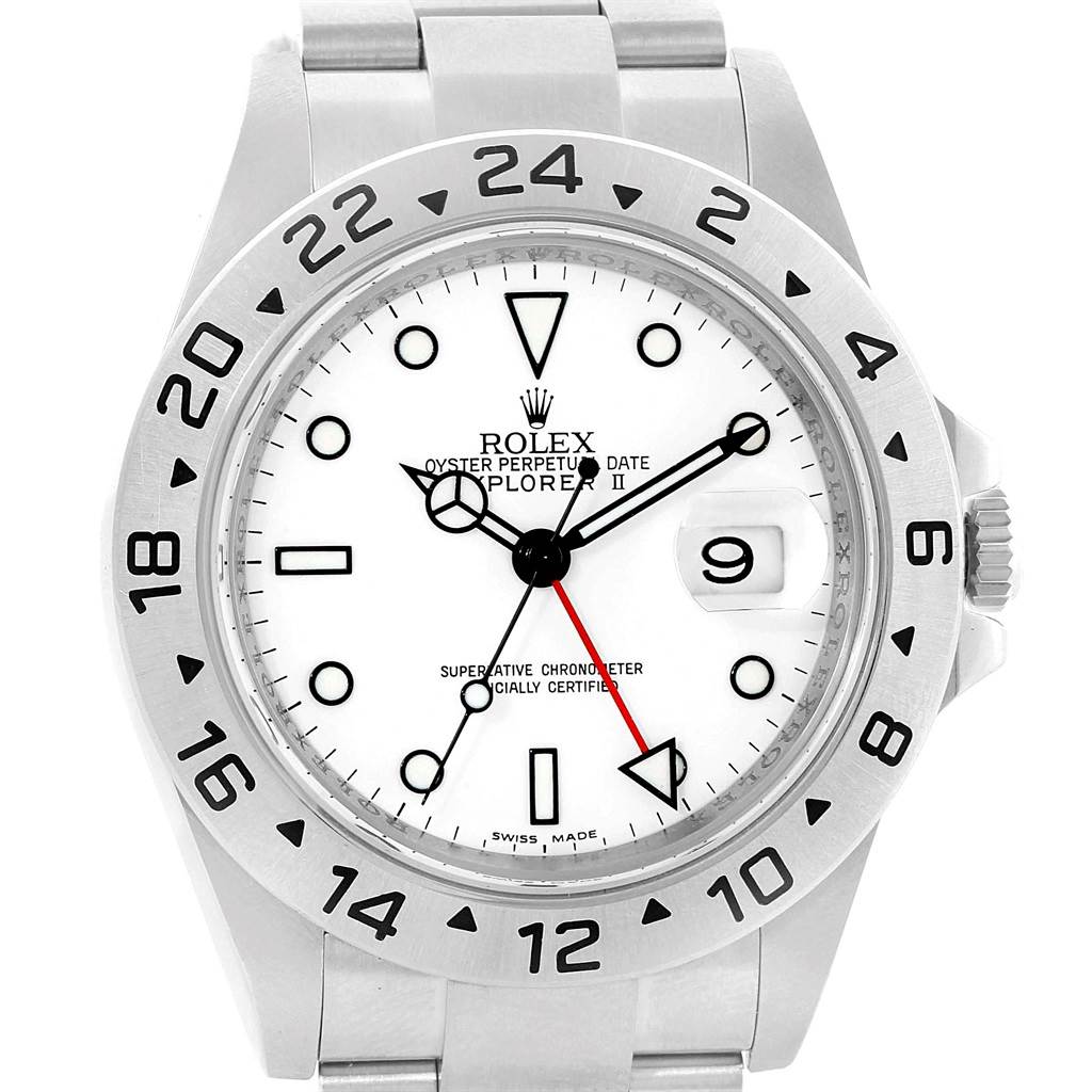 This is a frontal view of the Rolex Explorer 16570 Men's Stainless Steel White Dial 16570 Men's Stainless Steel White Dial watch, showing the face, bezel, and part of the bracelet.