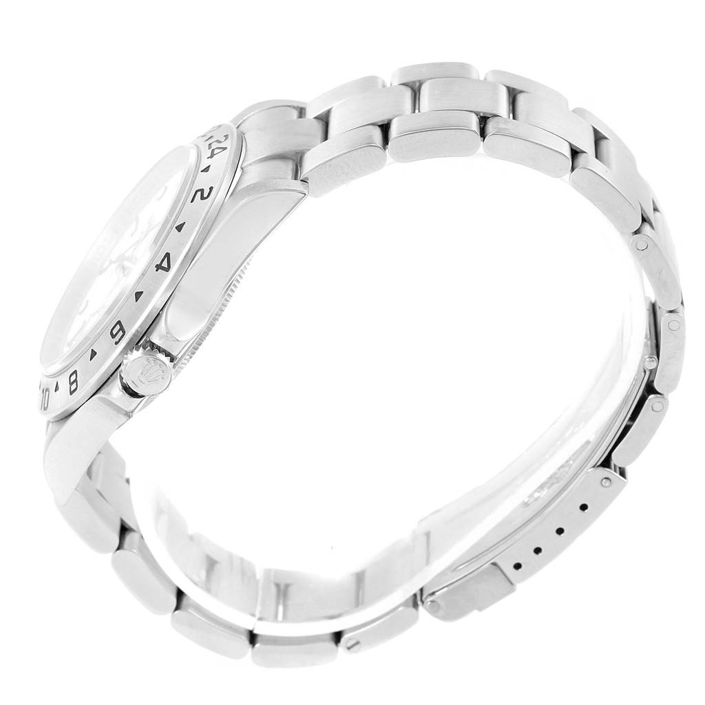 The image shows a side view of the Rolex Explorer 16570 Men's Stainless Steel White Dial 16570 Men's Stainless Steel White Dial model, highlighting the case, bezel, crown, and bracelet links.