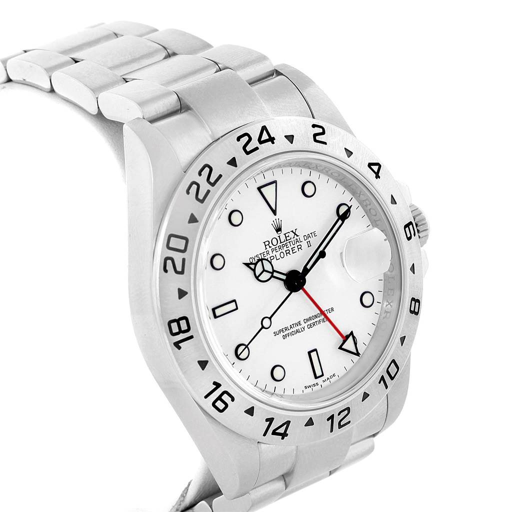 The Rolex Explorer 16570 Men's Stainless Steel White Dial 16570 Men's Stainless Steel White Dial watch is shown at an angled close-up, highlighting the dial, bezel, and a portion of the bracelet.