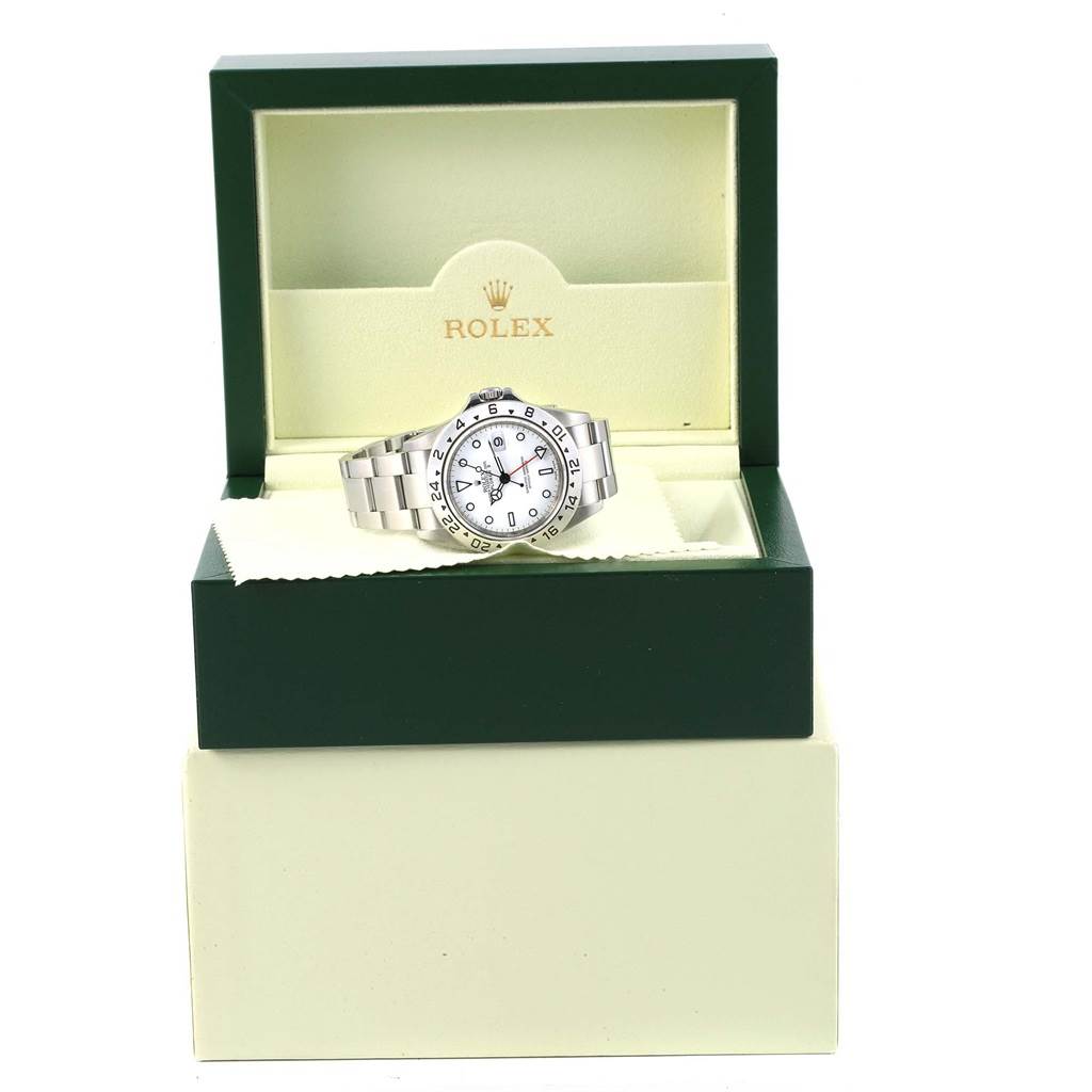 The Rolex Explorer 16570 Men's Stainless Steel White Dial 16570 Men's Stainless Steel White Dial watch is presented front-facing within its branded green box.