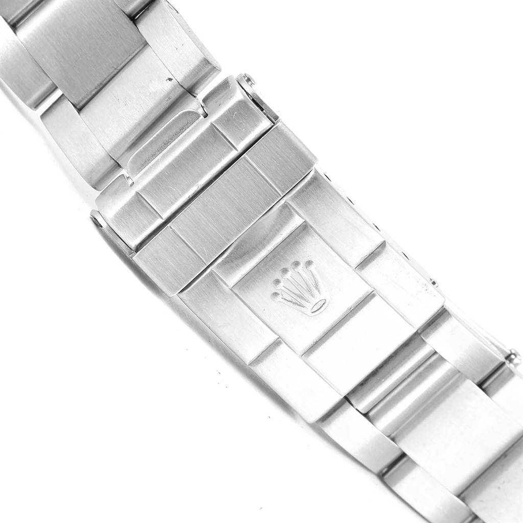 The image shows the metal bracelet and clasp of a Rolex Explorer 16570 Men's Stainless Steel Black Dial 16570 Men's Stainless Steel Black Dial watch, featuring the Rolex logo.