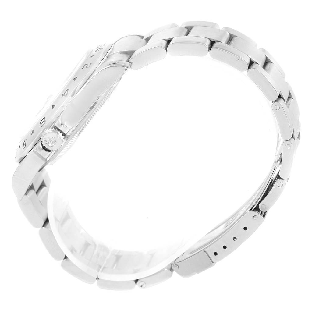 The image shows a side angle of the Rolex Explorer 16570 Men's Stainless Steel Black Dial 16570 Men's Stainless Steel Black Dial model, highlighting the bracelet, crown, and part of the bezel.