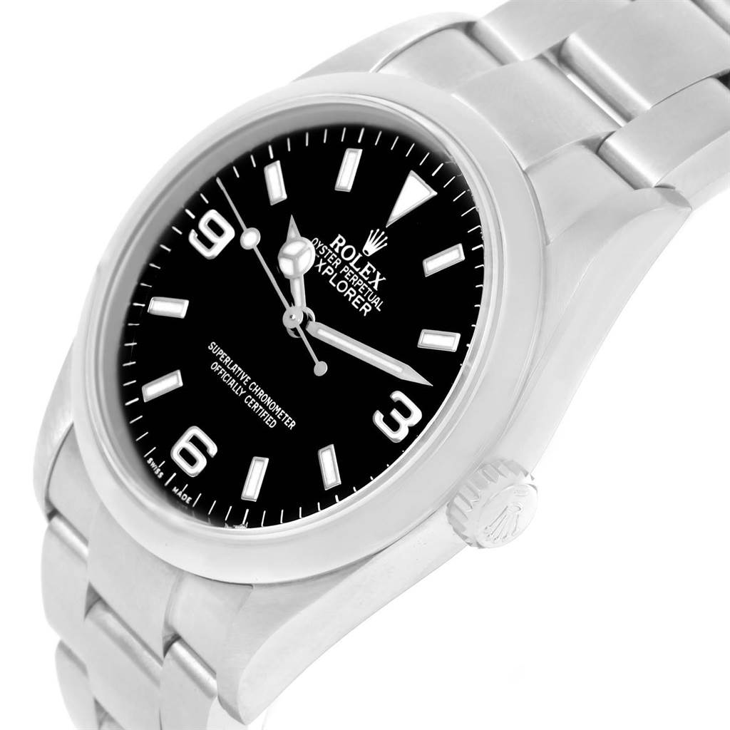 The image shows a Rolex Explorer 114270 Men's Stainless Steel Black Dial 114270 Men's Stainless Steel Black Dial watch at an angle highlighting the dial, crown, and part of the bracelet.
