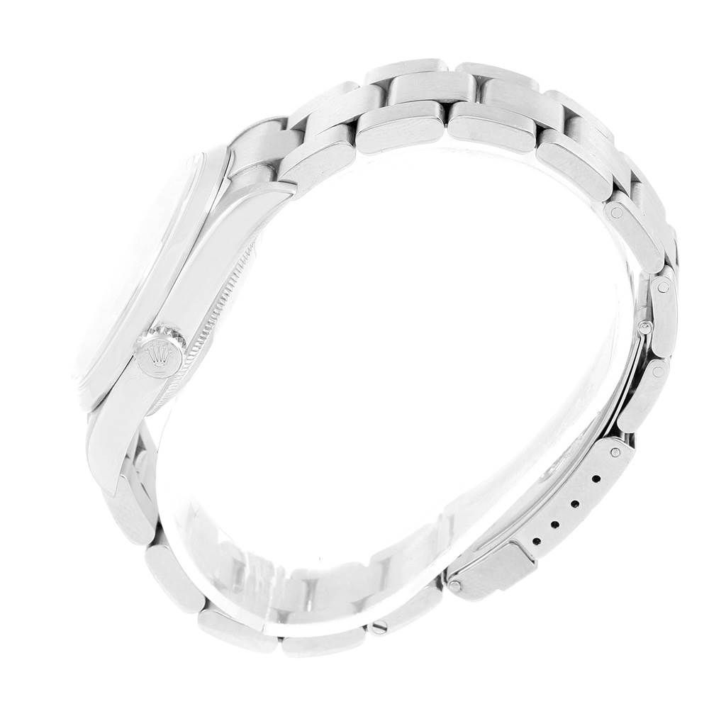 The image shows a side view of the Rolex Explorer 114270 Men's Stainless Steel Black Dial 114270 Men's Stainless Steel Black Dial watch, highlighting the bracelet, clasp, and crown.