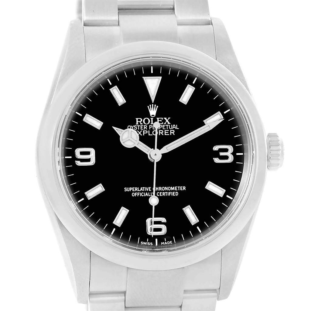 This image shows a front view of the Rolex Explorer 114270 Men's Stainless Steel Black Dial 114270 Men's Stainless Steel Black Dial watch displaying its face, bezel, crown, and part of the bracelet.