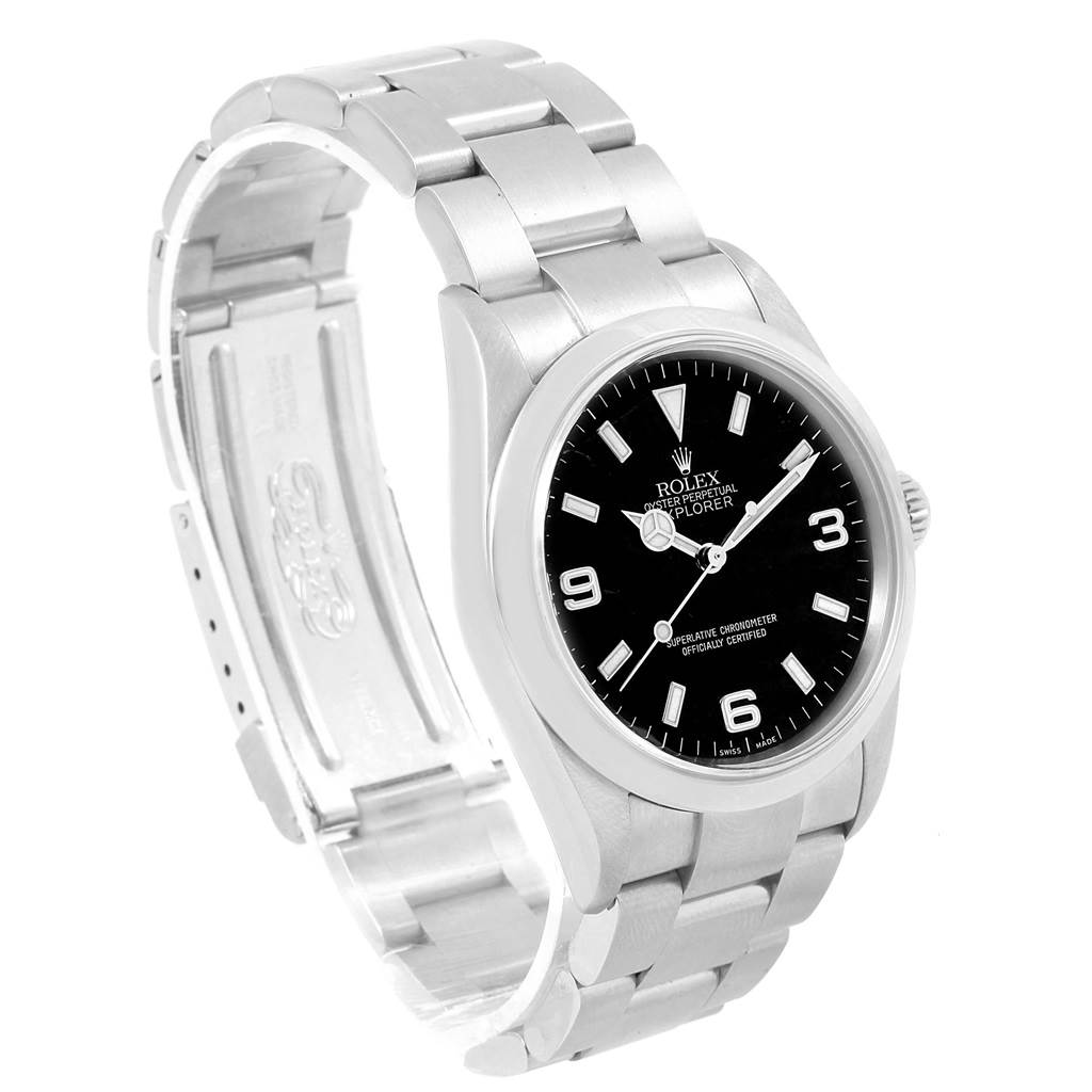 The image shows a Rolex Explorer 114270 Men's Stainless Steel Black Dial 114270 Men's Stainless Steel Black Dial watch, angled to display the face, bezel, crown, and bracelet.