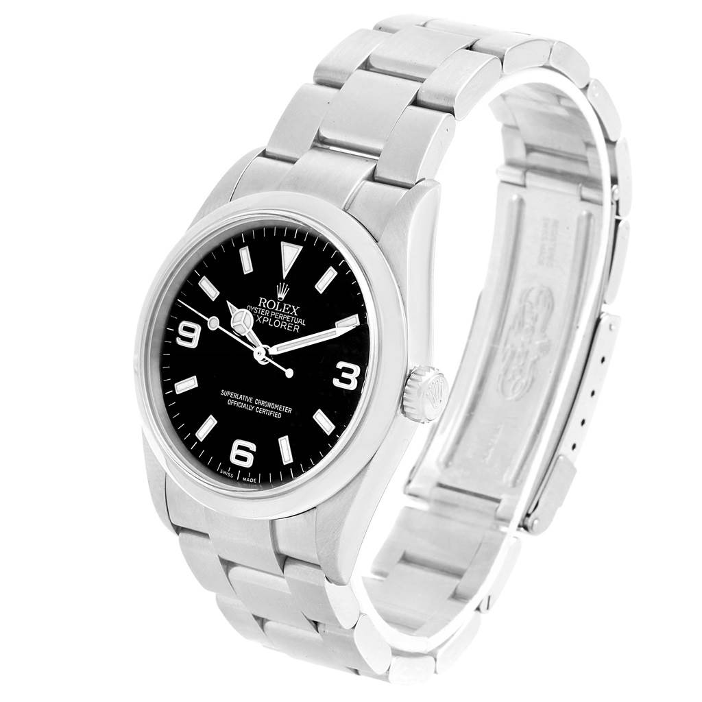 The image shows a Rolex Explorer 114270 Men's Stainless Steel Black Dial 114270 Men's Stainless Steel Black Dial watch at an angled view, highlighting the face, crown, and partially opened bracelet.