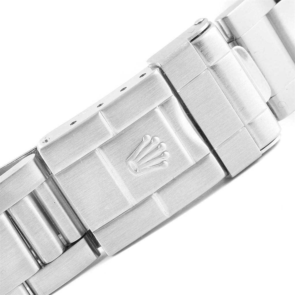 This image shows a close-up of the clasp on the bracelet of a Rolex Explorer 114270 Men's Stainless Steel Black Dial 114270 Men's Stainless Steel Black Dial watch.