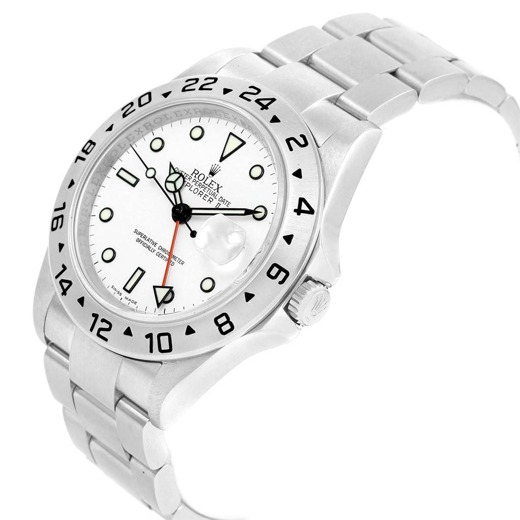 The image shows a side view angle of a Rolex Explorer 16570 Men's Stainless Steel White Dial 16570 Men's Stainless Steel White Dial watch, highlighting its white dial, bezel, crown, and stainless steel bracelet.