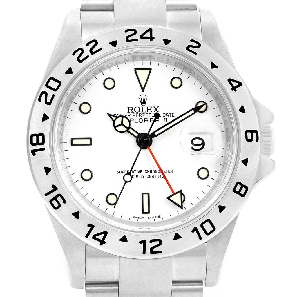 The image shows a front view of a Rolex Explorer 16570 Men's Stainless Steel White Dial 16570 Men's Stainless Steel White Dial watch, highlighting its white dial, date window, and steel bezel with a 24-hour scale.