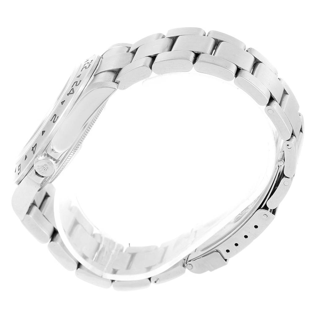 The image shows a side view of the Rolex Explorer 16570 Men's Stainless Steel White Dial 16570 Men's Stainless Steel White Dial watch, focusing on its metal bracelet and bezel.