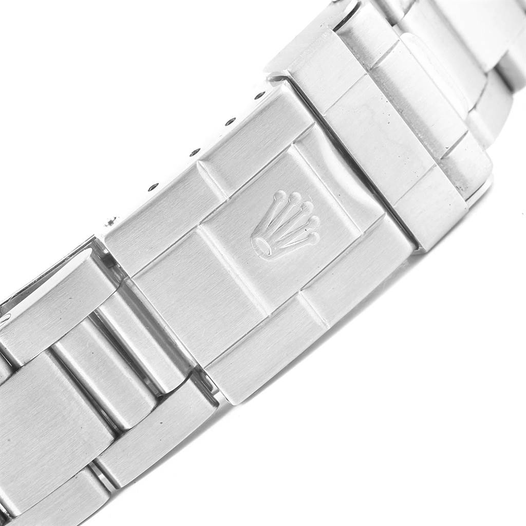This image shows the clasp and part of the bracelet of the Rolex Explorer 16570 Men's Stainless Steel White Dial 16570 Men's Stainless Steel White Dial watch.