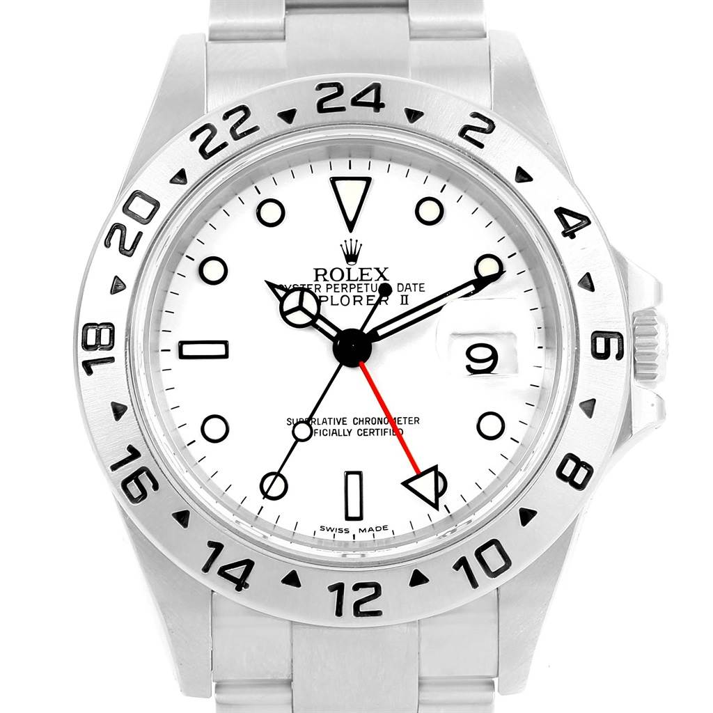 The image shows a front view of the Rolex Explorer 16570 Men's Stainless Steel White Dial 16570 Men's Stainless Steel White Dial watch, highlighting the dial, bezel, hands, and part of the bracelet.
