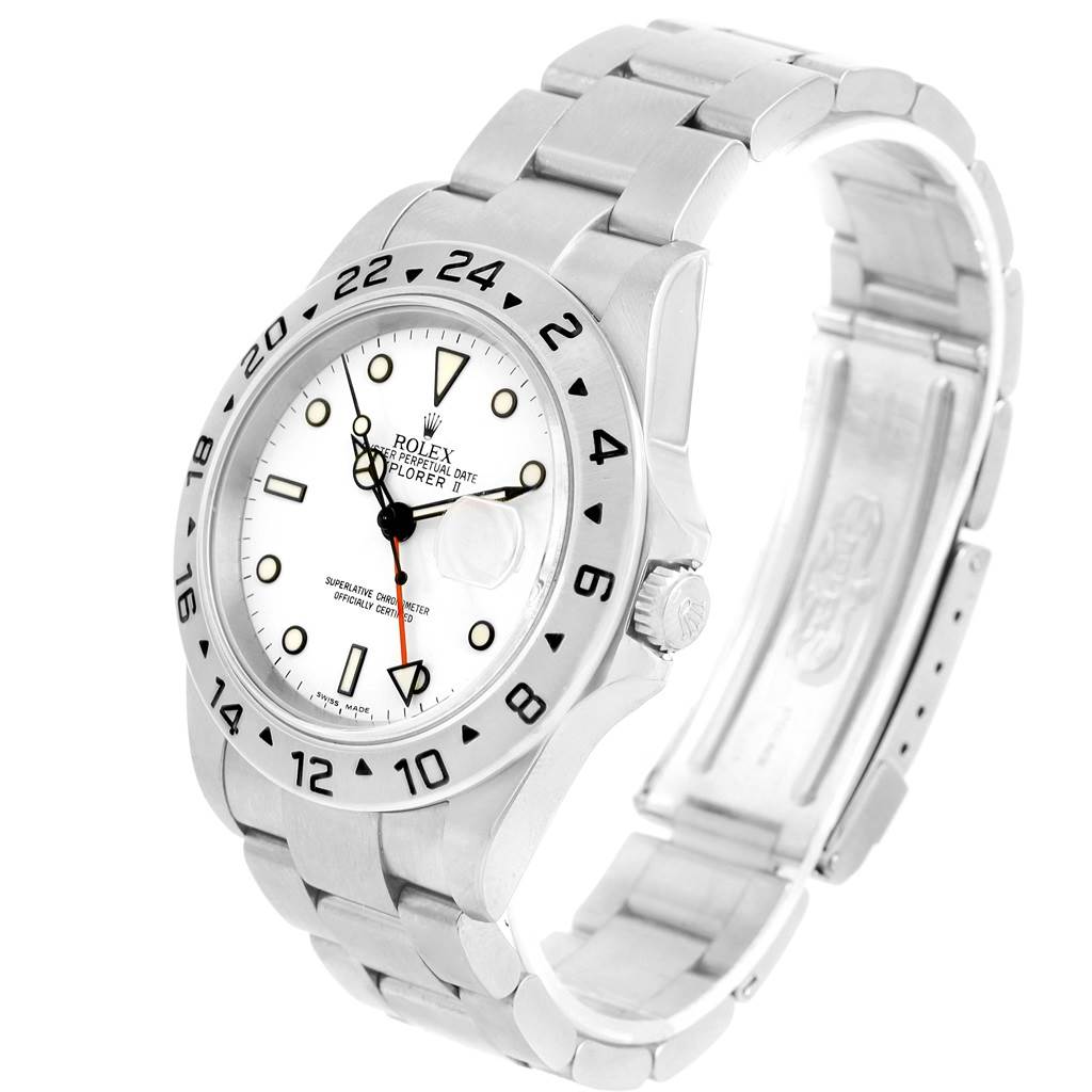 The image shows a side angle of the Rolex Explorer 16570 Men's Stainless Steel White Dial 16570 Men's Stainless Steel White Dial model, highlighting its face, bezel, crown, and bracelet.