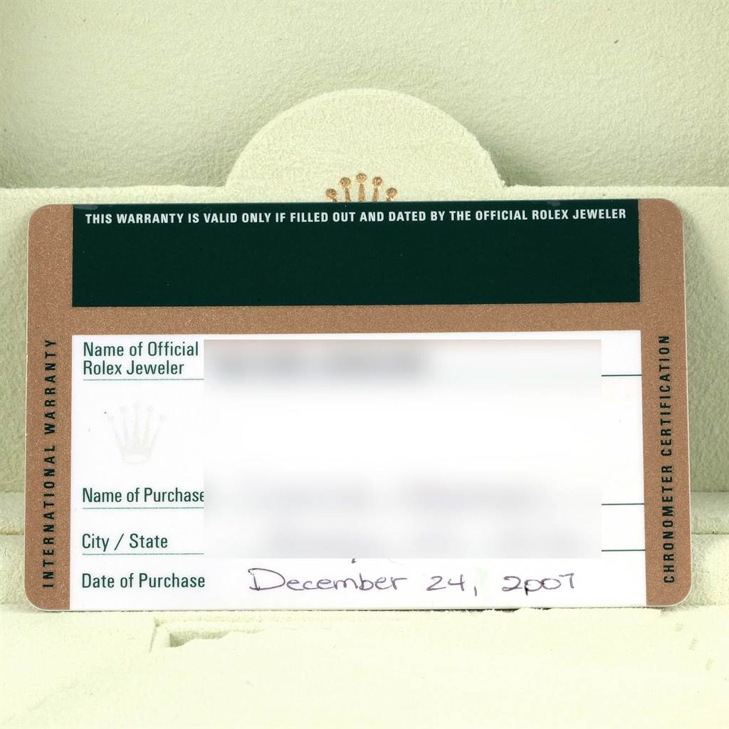 The image shows the warranty card for a Rolex Explorer 16570 Men's Stainless Steel White Dial 16570 Men's Stainless Steel White Dial watch with buyer details partially blurred.