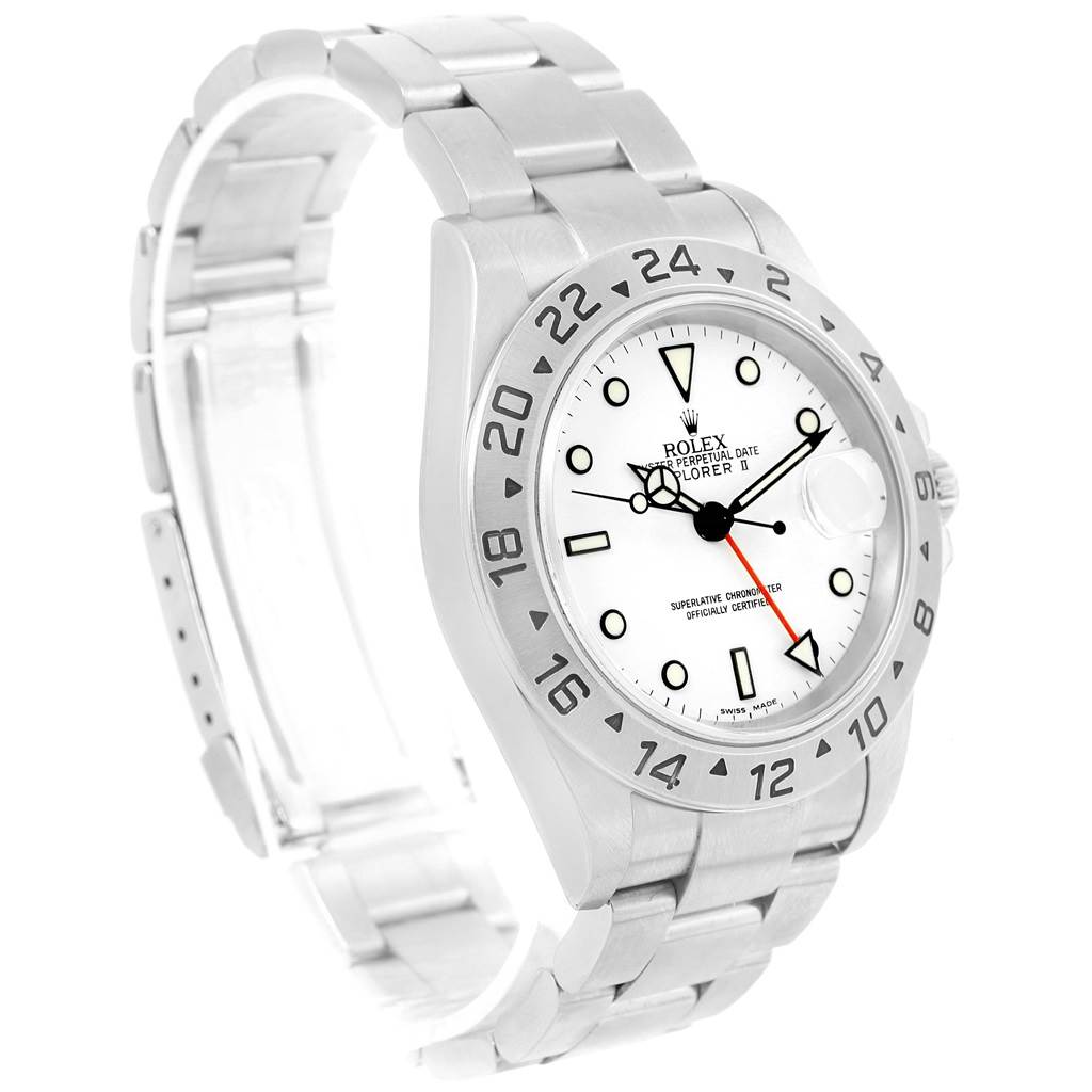 The image shows a Rolex Explorer 16570 Men's Stainless Steel White Dial 16570 Men's Stainless Steel White Dial watch at a three-quarter angle, highlighting its face, bezel, and metal bracelet.