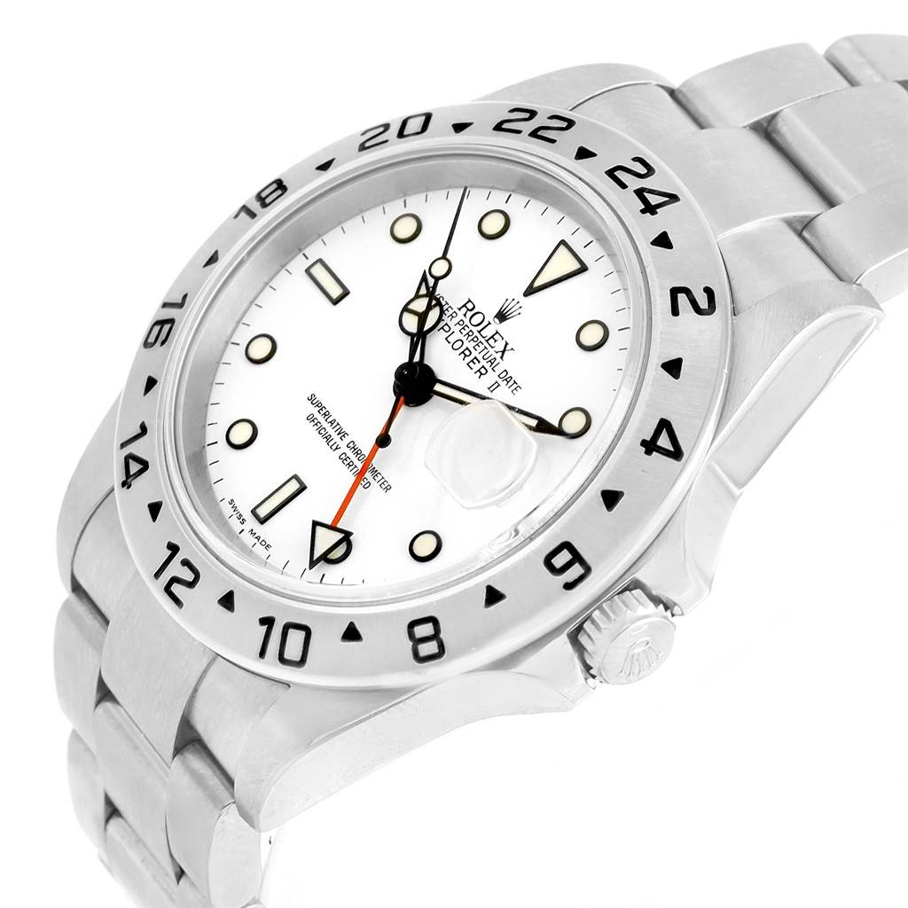 The image shows a close-up angle of the Rolex Explorer 16570 Men's Stainless Steel White Dial 16570 Men's Stainless Steel White Dial watch, highlighting the dial, bezel, and a portion of the bracelet.