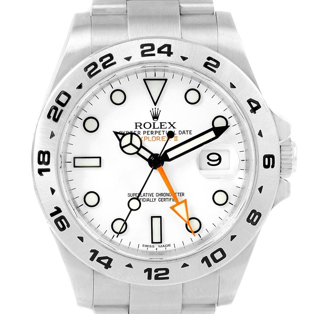 The image shows a frontal view of the Rolex Explorer 216570 Men's Stainless Steel White Dial 216570 Men's Stainless Steel White Dial watch, highlighting the dial, bezel, and bracelet.