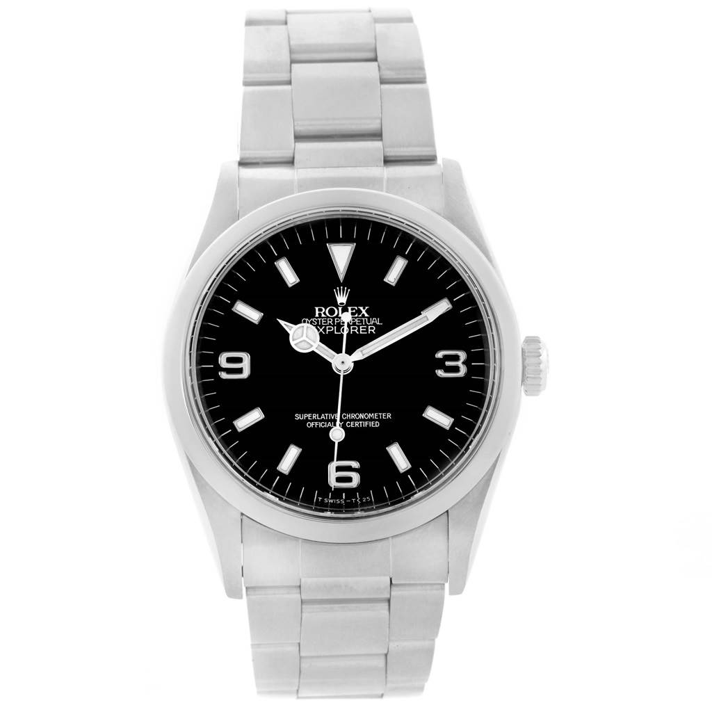 This image shows a front view of a Rolex Explorer 14270 Men's Stainless Steel Black Dial 14270 Men's Stainless Steel Black Dial watch, clearly displaying its face, bezel, crown, and bracelet.