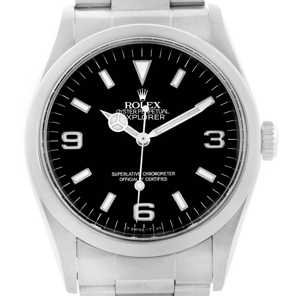 This image shows a front angle view of a Rolex Explorer 14270 Men's Stainless Steel Black Dial 14270 Men's Stainless Steel Black Dial watch, highlighting its black dial, silver hands, and bracelet.