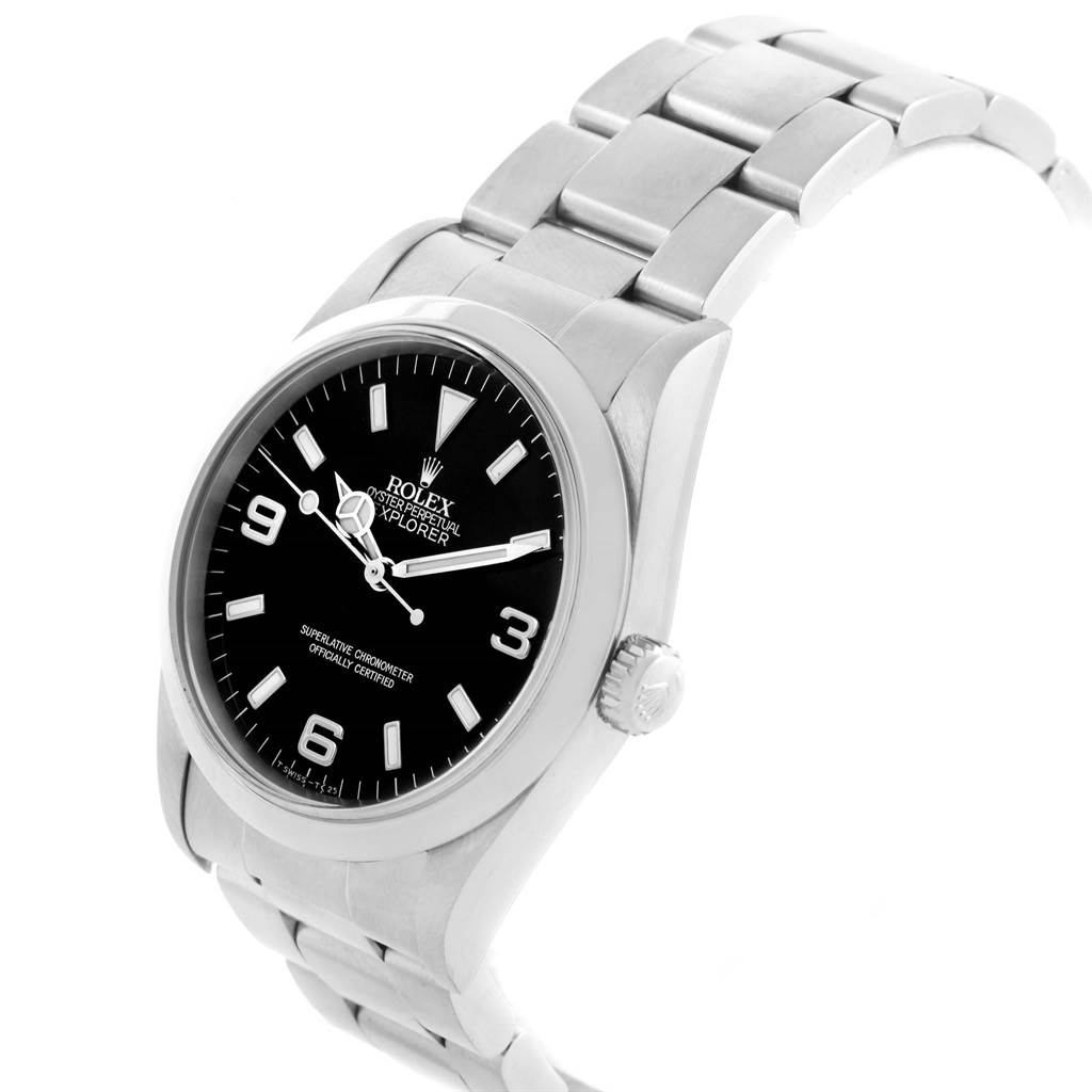 The Rolex Explorer 14270 Men's Stainless Steel Black Dial 14270 Men's Stainless Steel Black Dial watch is shown from a front-left angle, displaying its black dial and stainless steel bracelet.