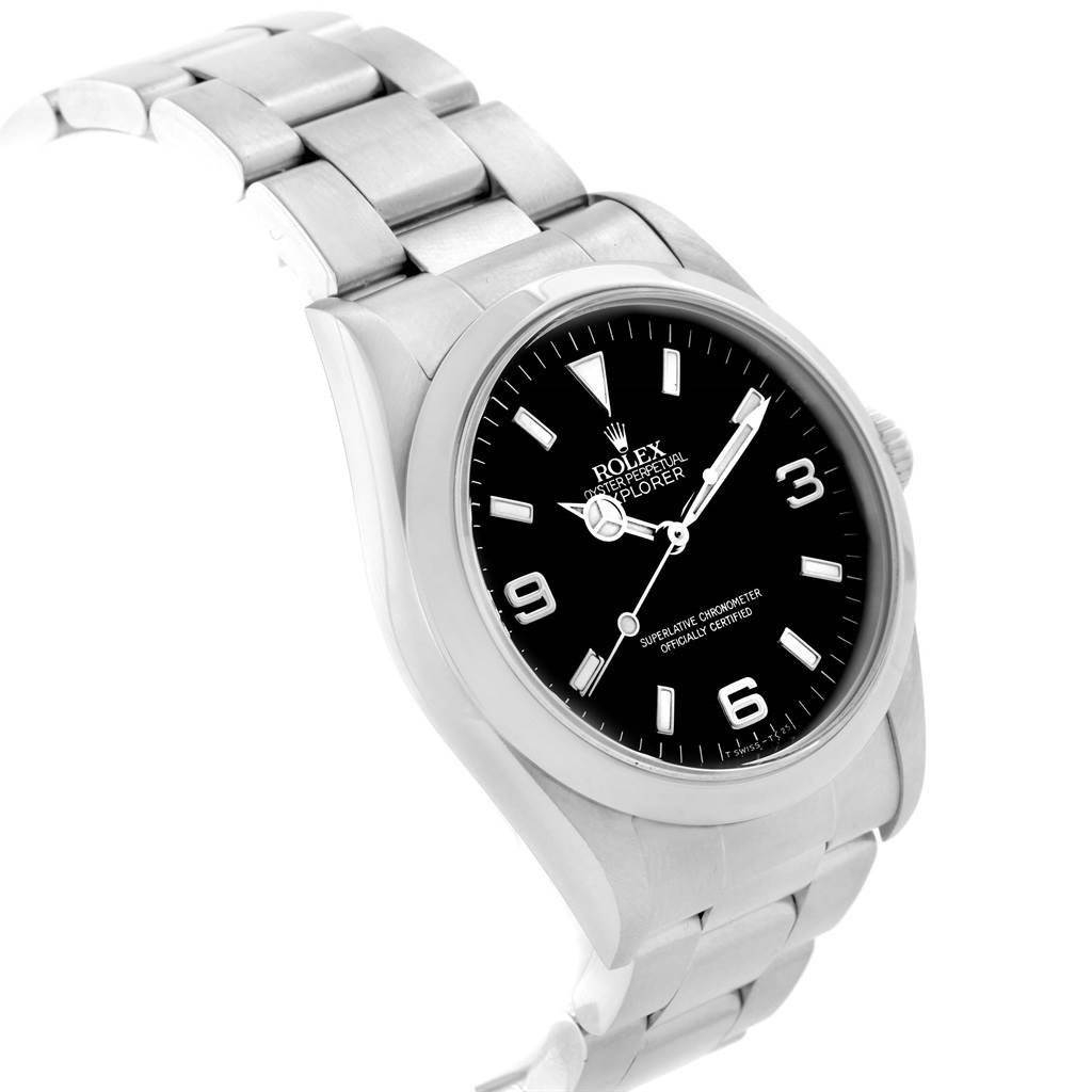 The image shows a Rolex Explorer 14270 Men's Stainless Steel Black Dial 14270 Men's Stainless Steel Black Dial watch from a tilted angle, displaying its face, bezel, and part of the bracelet.