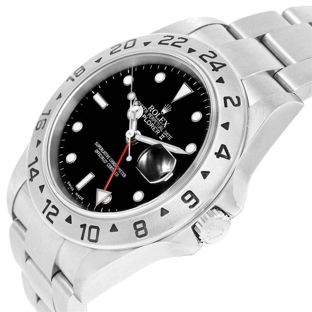 The image shows a side angle of the Rolex Explorer 16570 Men's Stainless Steel Black Dial 16570 Men's Stainless Steel Black Dial watch, highlighting the bezel, dial, crown, and part of the bracelet.
