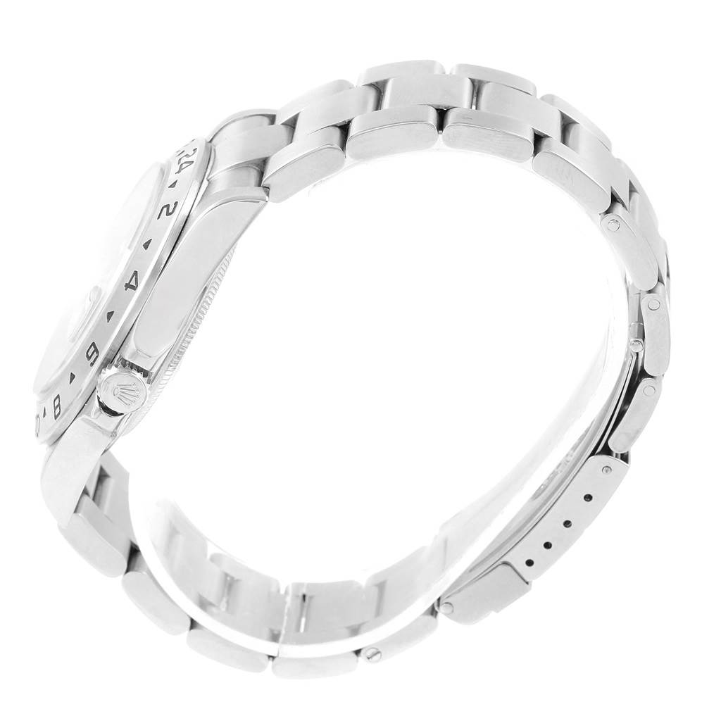 The image shows a side view of a Rolex Explorer 16570 Men's Stainless Steel Black Dial 16570 Men's Stainless Steel Black Dial watch, highlighting its stainless steel bracelet and case.