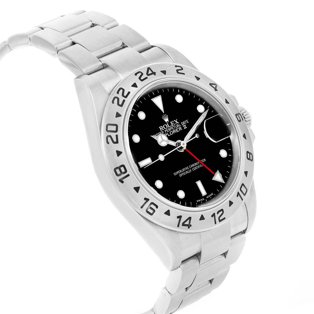 This image shows the front angle of the Rolex Explorer 16570 Men's Stainless Steel Black Dial 16570 Men's Stainless Steel Black Dial watch, highlighting the face, bezel, crown, and bracelet.