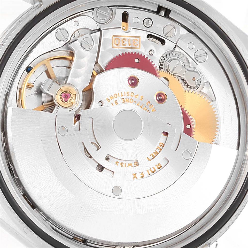 This image shows the internal mechanism and movement parts of a Rolex Explorer 114270 Men's Stainless Steel Black Dial 114270 Men's Stainless Steel Black Dial watch from a close-up angle.