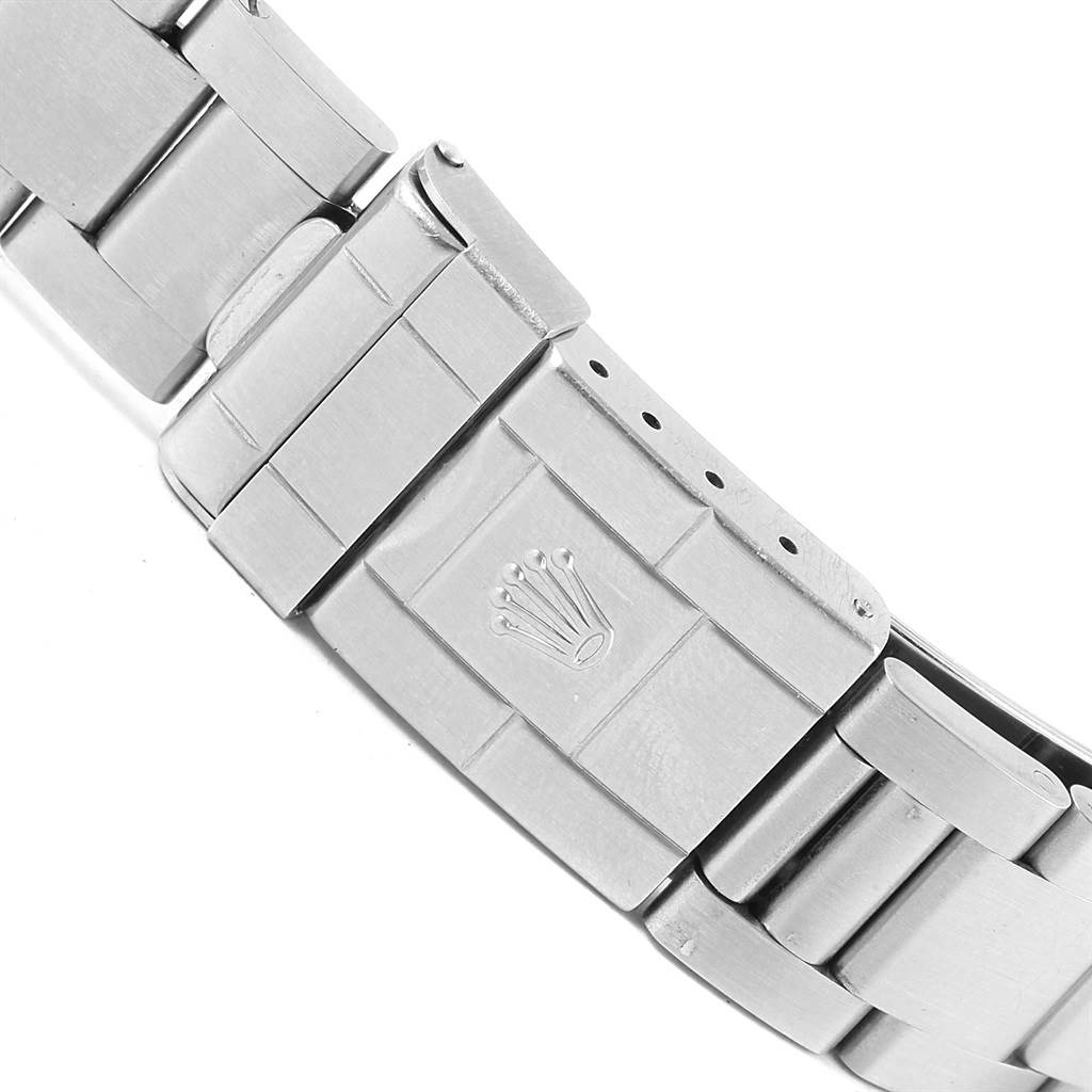 This image shows a close-up of the clasp and bracelet of a Rolex Explorer 114270 Men's Stainless Steel Black Dial 114270 Men's Stainless Steel Black Dial watch.