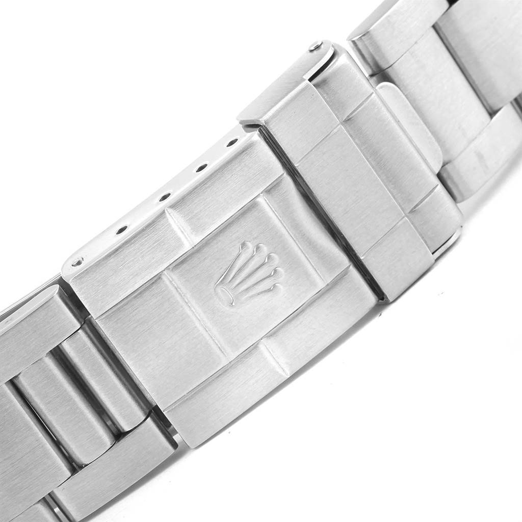 This image displays the stainless steel clasp of a Rolex Explorer 16570 Men's Stainless Steel Black Dial 16570 Men's Stainless Steel Black Dial watch.