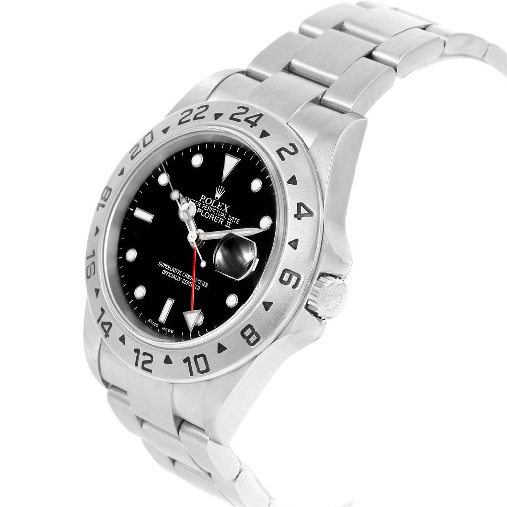 The Rolex Explorer 16570 Men's Stainless Steel Black Dial 16570 Men's Stainless Steel Black Dial watch is shown at an angle, highlighting its face, bezel, crown, and bracelet.