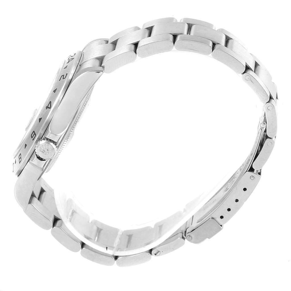 The image shows a side view of a Rolex Explorer 16570 Men's Stainless Steel Black Dial 16570 Men's Stainless Steel Black Dial watch, highlighting the bracelet, clasp, and side case.