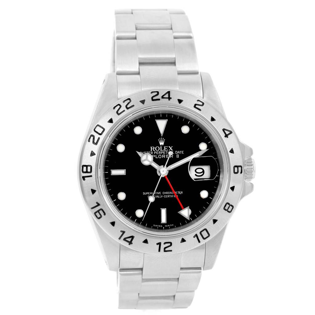 The image shows a front view of a Rolex Explorer 16570 Men's Stainless Steel Black Dial 16570 Men's Stainless Steel Black Dial watch, displaying its face, bezel, and bracelet.