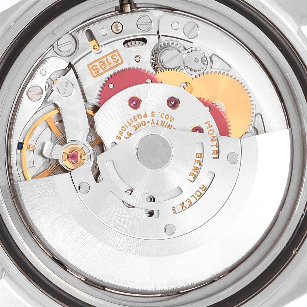 This image shows the internal mechanism and movement parts of a Rolex Explorer 16570 Men's Stainless Steel Black Dial 16570 Men's Stainless Steel Black Dial watch from a top-down angle.