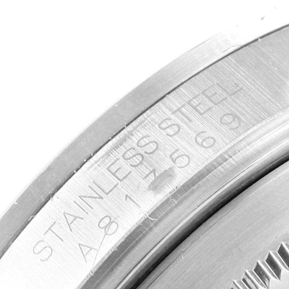 This close-up image shows the engraved stainless-steel case back of a Rolex Explorer 16570 Men's Stainless Steel Black Dial 16570 Men's Stainless Steel Black Dial watch.