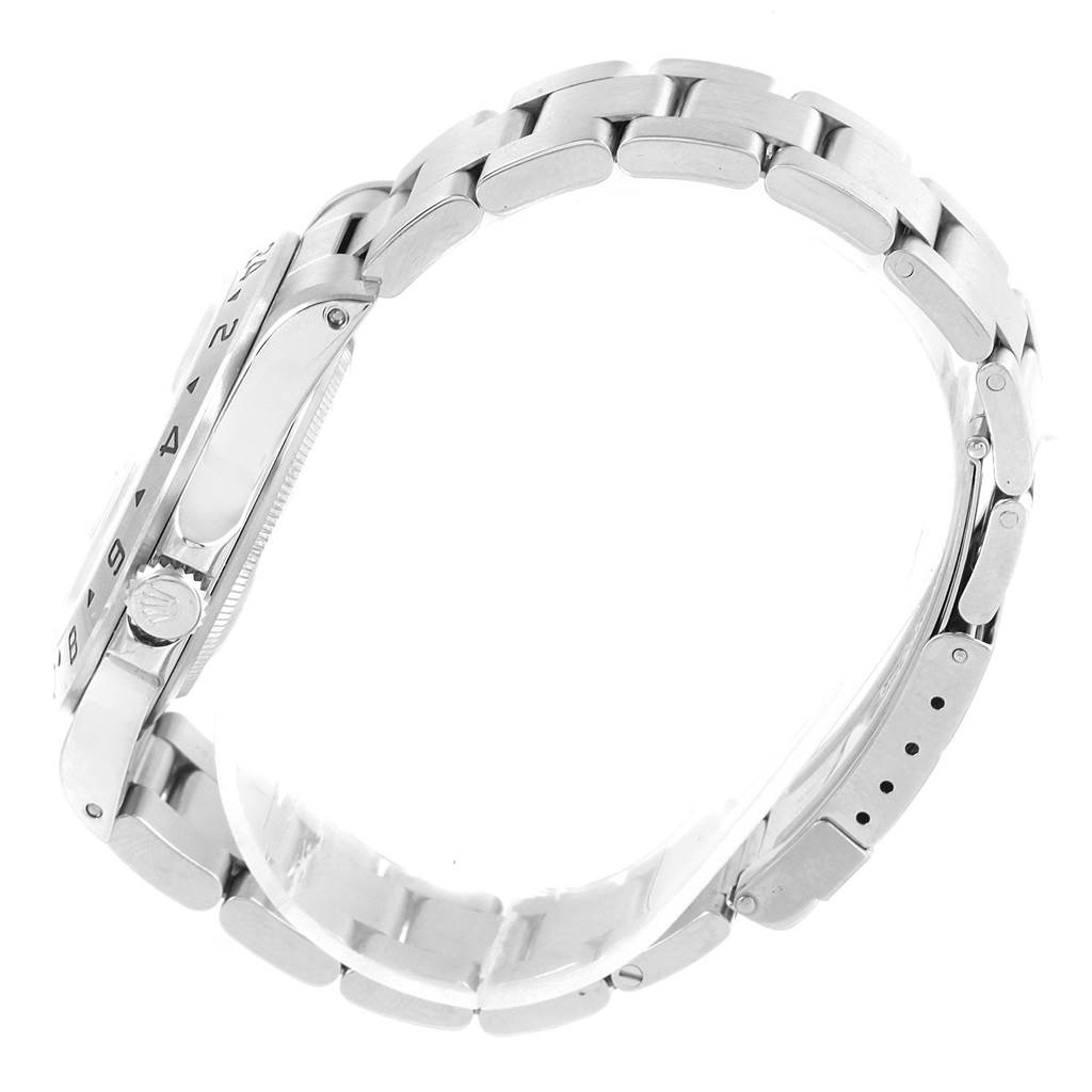 This image shows a side view of the Rolex Explorer 16570 Men's Stainless Steel Black Dial 16570 Men's Stainless Steel Black Dial watch, focusing on the bracelet, case, and crown.